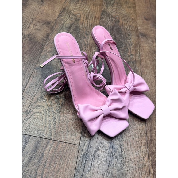 Fashion Nova Keisha Pink Lace Up Bow Sandals Clear Stiletto Heel Square Toe 11 - Picture 3 of 7